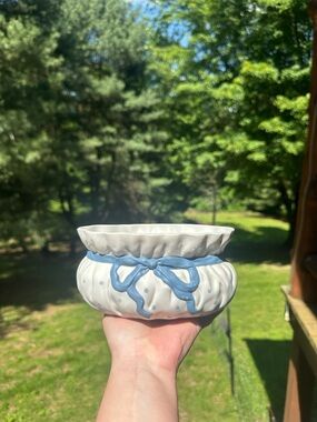 White Ceramic Decorative Bowl with Blue Ribbon Accent